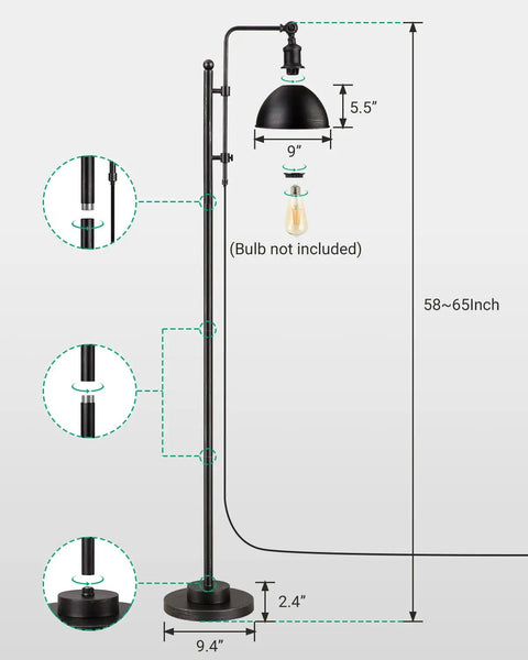 Industrial Floor Lamp With Adjustable Height And Rotating Head, Rustic Aged Black Farmhouse Metal Floor Lamp, 65 Inch Tall