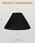 Empire Style Lamp Shade With Side Pleats In Black And Gold, 5 Inch Top Diameter, 14 Inch Bottom, 9.5 Inch Height, Silk Shantung Fabric With Off White Lining shown with dimensions.