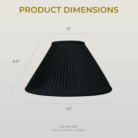 Empire Style Lamp Shade With Side Pleats In Black And Gold, 5 Inch Top Diameter, 14 Inch Bottom, 9.5 Inch Height, Silk Shantung Fabric With Off White Lining shown with dimensions.