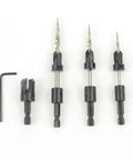 Pro Grade Countersink and Matching HSS Taper Point Drill Set of Three, Three-Eighths Inch Cutting Diameter, Includes Sizes Six, Eight, and Ten for Clean Predrilling and Hardened Metal, Made in USA displayed with allen key on white background
