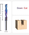 5-Piece Carbide Spiral Downcut CNC Router Bits Set with one eighth inch shank and cutting diameter, showing measurements and downcut result.
