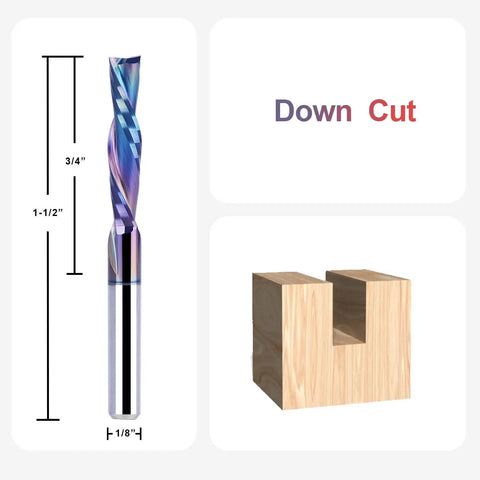 5-Piece Carbide Spiral Downcut CNC Router Bits Set with one eighth inch shank and cutting diameter, showing measurements and downcut result.