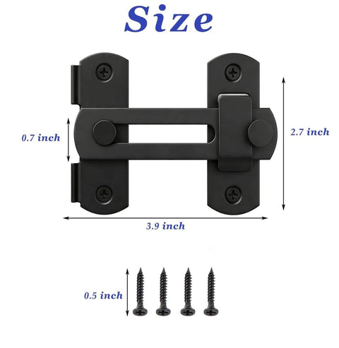 Barn Door Lock Set With Sliding Door Hardware In Carbon Steel Black Finish, Quick Lock Hook And Eye Latch dimensions shown.