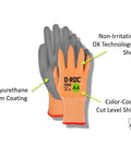 DX Technology Cut Resistant Work Glove With Polyurethane Palm ANSI A4 Protection, orange gloves with grey palms, size 9.