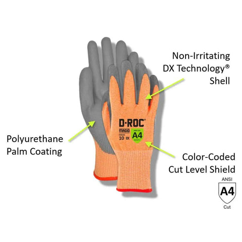 DX Technology Cut Resistant Work Glove With Polyurethane Palm ANSI A4 Protection, orange gloves with grey palms, size 9.