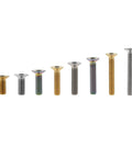 Top Shelf 5 Piece Set Of Grade 5 Titanium M6 Flat Countersunk Hex Socket Cap Bolts In Sleek Gold Finish, varying lengths and colors.