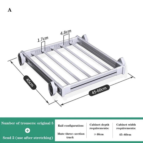 Super Slick Drawer Clothes Hanger Rack For Closet Organization With Breezy Slide Out Pants Tray, dimensions visible, matte black material.