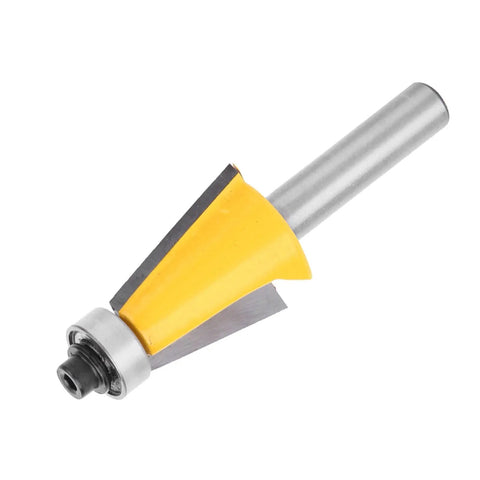 Fabater 8mm Chamfer Router Bit with Bearing, Perfect For Woodworking Bevel Edging Milling Cutter On MDF Solid Wood And Particleboard At 15 Degree Angle With YG6 Alloy Trimming Tool, showing yellow and silver design.
