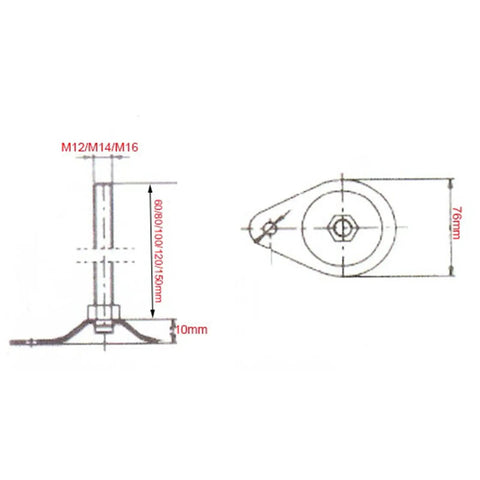 Rugged 76mm Adjustable Leveling Feet Kit For Furniture, 4 Pack, M12/M14/M16 threaded shank diagram