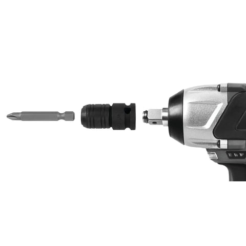 Rock Solid 3/8 To 1/4 Inch Hex Impact Adapter With Positive Locking Collar and Quick Change Swap attached to impact wrench.