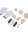 11 Piece Polishing Buffing Wheel Kit With Cotton Flannel Pads And Wax Rod Mount For Cordless Drills, includes gloves and various pads.
