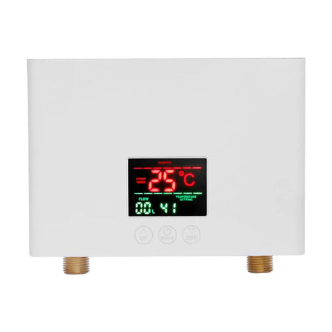 Top Shelf Electric Tankless Water Heater Delivers Hot Water On The Fly With A Slick Point Of Use Design, front view with digital display.