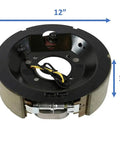 Heavy Duty Electric Trailer Brake Right Side 12 Inch By 3-3/8 Inch Drum fits 8000 lb axle with wiring harness on black backing.