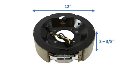 Heavy Duty Electric Trailer Brake Right Side 12 Inch By 3-3/8 Inch Drum fits 8000 lb axle with wiring harness on black backing.