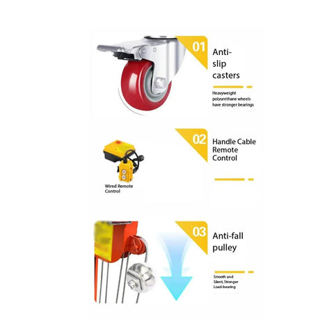 Heavy Duty Rolling Shutter Door Opener Lift Platform features anti-slip casters and remote control for material handling.