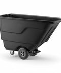 Rugged Build Tilt Truck Dump Cart Boasts Half Cubic Yard Volume And 300 Pound Weight Limit sturdy black material carrier side view on wheels.