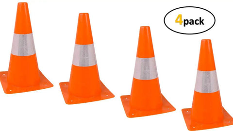 Four Pack 12 Inch Orange Safety Cones With Reflective Strips, Heavy Duty Plastic Traffic Barriers For Distancing, Parking Lots