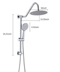 10 Inch Rain Shower Head With Handheld System And 24 Inch Drill Free Sliding Bar For Easy Reach Low 3 Way Diverter 4 Setting Handheld Spray 5 Foot Stainless Steel Hose Chrome Finish Great DIY Spa Upgrade, displayed with dimensions in white background