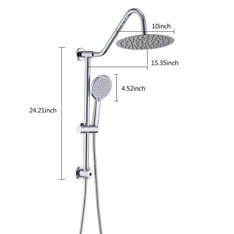 10 Inch Rain Shower Head With Handheld System And 24 Inch Drill Free Sliding Bar For Easy Reach Low 3 Way Diverter 4 Setting Handheld Spray 5 Foot Stainless Steel Hose Chrome Finish Great DIY Spa Upgrade, displayed with dimensions in white background