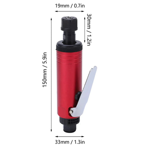 Badass Stainless Steel Air Die Grinder 90 Psi Pneumatic Tool With Adjustable Speed And Turbo Spindle, red metal body, dimensions shown.