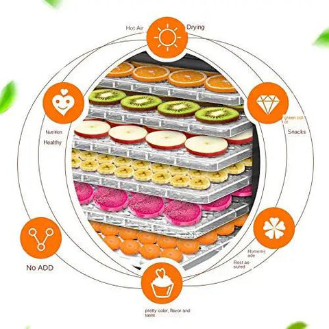 Straight Up Awesome Electric Food Dehydrator With Adjustable Trays Digital Timer Temperature Control For Juicy Fruits Savory Beef Jerky And Crispy Mushrooms showing stacked trays of colorful dried fruits.