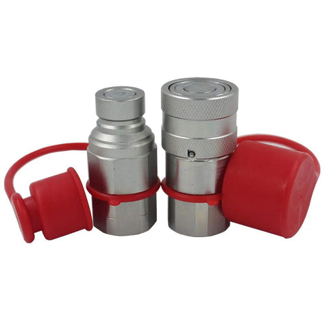 Front view of two 1/2-inch flat-face skid-steer hydraulic quick-disconnect couplings with red dust caps