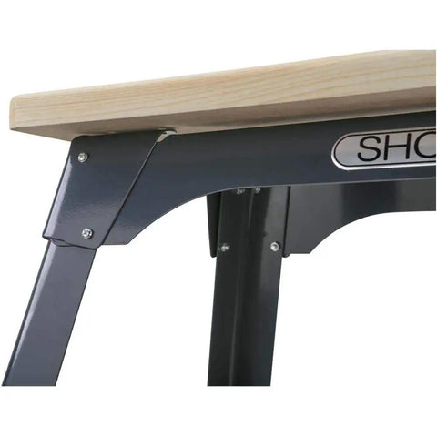 Beefy 13 By 23 Inch Butcher Block Tool Table With 700 Pound Capacity showing close-up of wooden top and metal legs