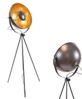 Side and front view of Vintage Industrial Tripod Floor Lamp With LED Light, Large Shade, Nautical Matte Black And Gold Finish.