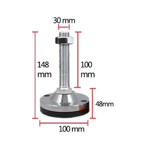 Pro Grade Heavy Duty Adjustable Leveling Feet M24 M30 Threaded Machine Base Wobble Killer Pads with dimensions shown.