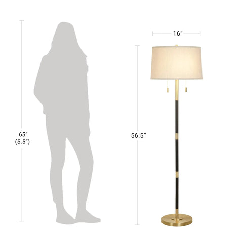 Transitional 2 Light Floor Lamp With Dual Pull Chains in black and antique brass finish, 56.5 in tall, next to human silhouette for scale.