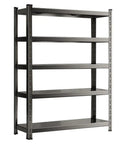 Heavy Duty Five Tier Metal Shelving Rack With Two Thousand Pound Capacity Industrial Storage System For Garage Warehouse Home Quick Snap Assembly Steel Utility Racking Shelves, side view showing five shelves.