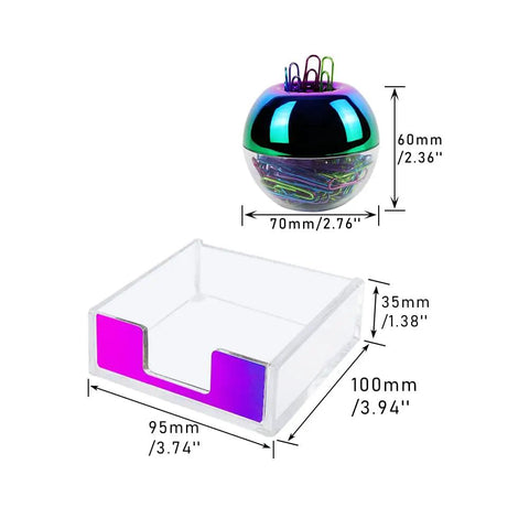 Magnetic Paper Clip Holder And Clear Sticky Note Dispenser Set For Your Desk 100 Clip Capacity Post It Note Organizer Rainbow Acrylic Desk Accessory With Modern Rainbow Finish For Office, showing dimensions and design details.