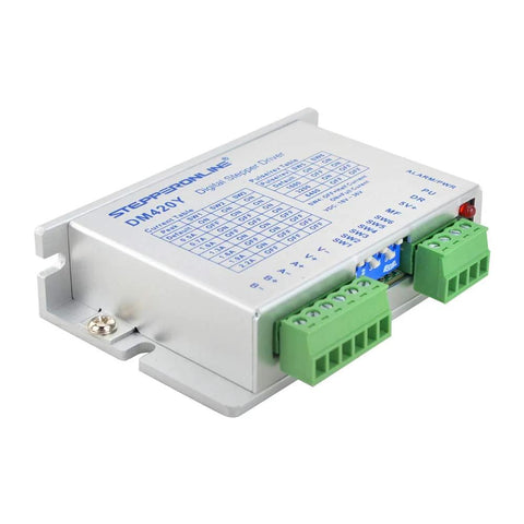 Digital Stepper Motor Driver DM420Y, silver aluminum enclosure with green terminal blocks.