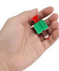 Pressure relief valve with green plastic body, red knob, and threaded metal stem for garden sprayer.