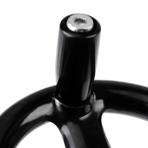 Close-up of handle on 3 Spoke Round Hand Wheel With Removable Handle For Lathe And Mills Rock Solid Precision Tuning Control Engineering Plastic