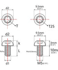 Technical drawing of 12 Pcs M5x10 Titanium Torx Bolts for Bicycle Disc Brake Rotors, featuring T25 head dimensions.