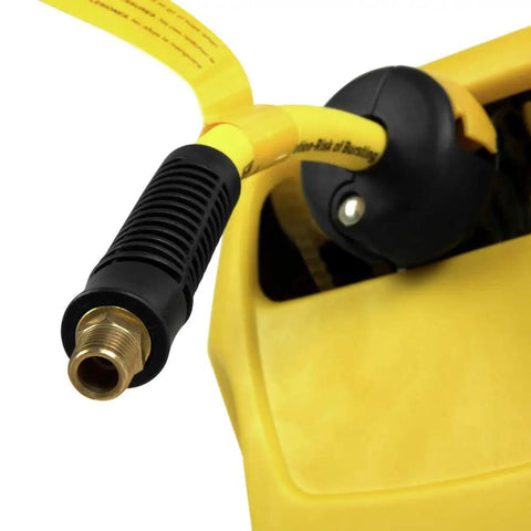 Close-up of Three Eighths Inch Fifty Foot Hybrid Polymer Air Hose With Auto Retract Enclosed Reel Bright Yellow Durable And Flexible