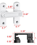 White Barn Door Latches With Adjustable 0 To 7 Millimeters Height For Flawless Gap Alignment And A Rock Steady 90 To 180 Degree Swivel Lock For Sliding Doors That Install Like A Breeze, detailed measurements of latch and fittings.