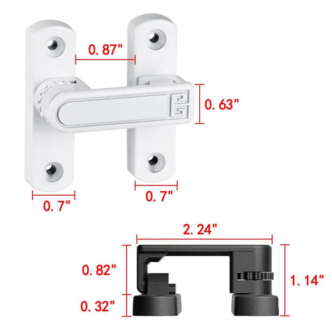 White Barn Door Latches With Adjustable 0 To 7 Millimeters Height For Flawless Gap Alignment And A Rock Steady 90 To 180 Degree Swivel Lock For Sliding Doors That Install Like A Breeze, detailed measurements of latch and fittings.