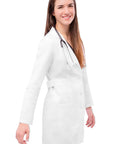 Woman wearing Women Belted Lab Coat 33 Inch White Size M With Chest Pocket And Dual Patch Pockets With Pen Slot, Contemporary Fit