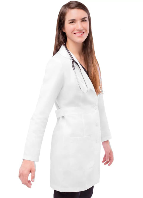 Woman wearing Women Belted Lab Coat 33 Inch White Size M With Chest Pocket And Dual Patch Pockets With Pen Slot, Contemporary Fit