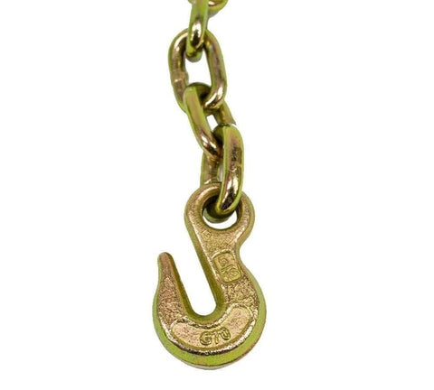 Close-up of a heavy-duty chain and hook from the Two Ton Snatch Block With Chain For Car Carrier And Three Eighths Inch By One Hundred Foot Winch Cable.