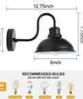 Dimensions of Gooseneck Barn Light Fixture For Outdoors 8 Inch Farmhouse Exterior Vintage Wall Mount Lighting shown with bulb types.