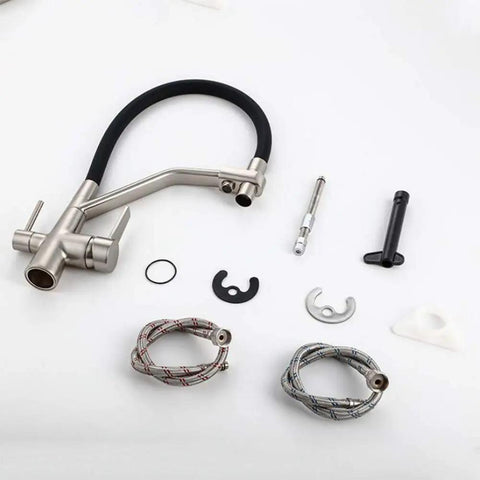 GAZOGJ 3-Way Kitchen Faucet with 360°Rotating Extendable Shower Head, components including hoses and connectors.