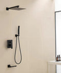 Shower Faucet System, 10-Inch Rain Head, 2-in-1 Handheld, Matte Black with wall-mounted components in a modern bathroom.