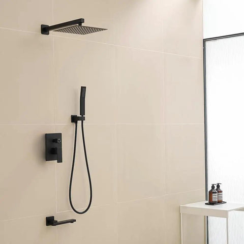 Shower Faucet System, 10-Inch Rain Head, 2-in-1 Handheld, Matte Black with wall-mounted components in a modern bathroom.