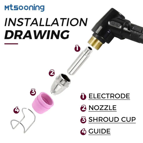 Installation drawing for 100Pcs Plasma Cutter Torch Tip Nozzles Consumables Kit For STC750P WSD60 SG55 AG60 with labeled parts.