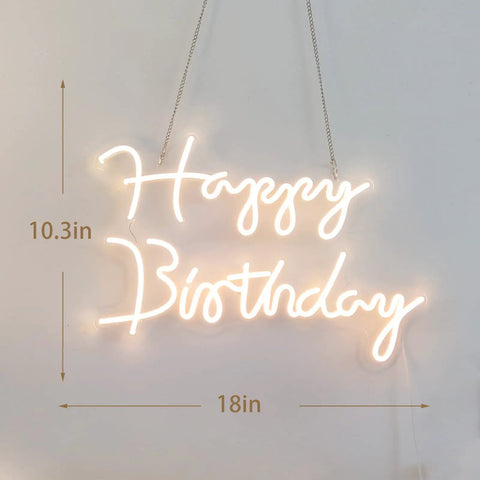 Happy Birthday LED Neon Sign 18 Inch For Backdrops And Parties, Warm White Neon Light Decor, wall mounted, chain hanging