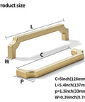 10-Pack 5 Inch Center to Center Square Brushed Gold Cabinet Pulls, Solid Satin Zinc Alloy heavy-duty handles dimensions marked.