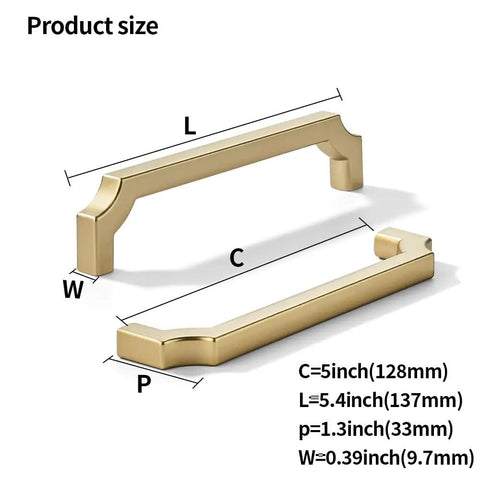 10-Pack 5 Inch Center to Center Square Brushed Gold Cabinet Pulls, Solid Satin Zinc Alloy heavy-duty handles dimensions marked.